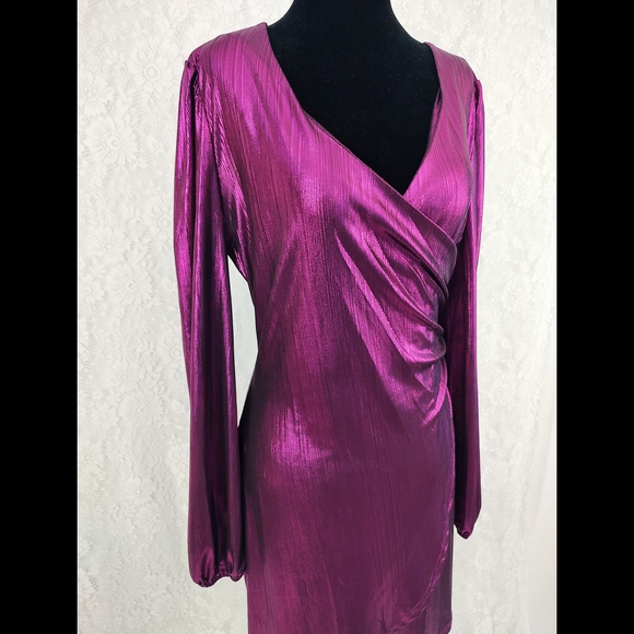Shiny Wrap Bodycon Long Sleeve Deep V-neck Mini Dress Purple - Picture 3 of 10